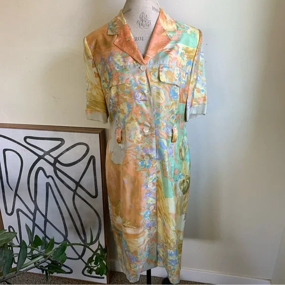 Vtg Louis Feraud 100% Silk Midi Dress Abstract Wearable Artsy sz 10 Belted Boho - Picture 6 of 16